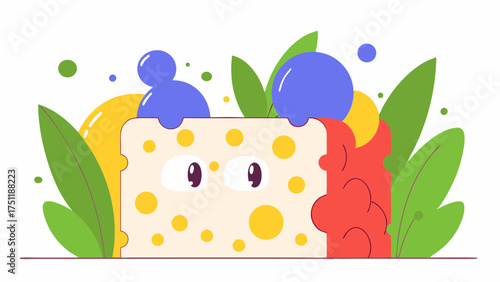 Playful vector illustration of a cute cheese slice surrounded by colorful bubbles and leaves for food branding