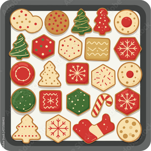 A collection of christmas cookies arranged on a baking sheet featuring various shapes and festive decorations silhouette