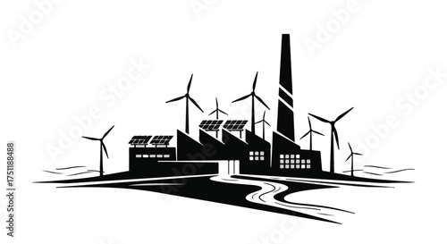 Modern factory powered by renewable energy sources like wind turbines and solar panels.