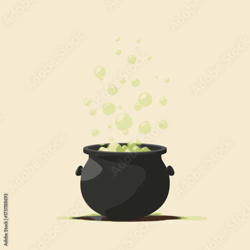 Black cauldron with glowing yellow-green bubbles representing halloween magic and witches' brew