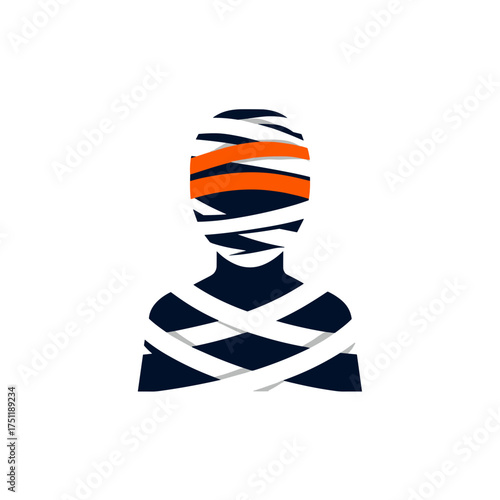Stylized mummy head wrapped in white bandages with orange accent symbolizing halloween horror and mystery
