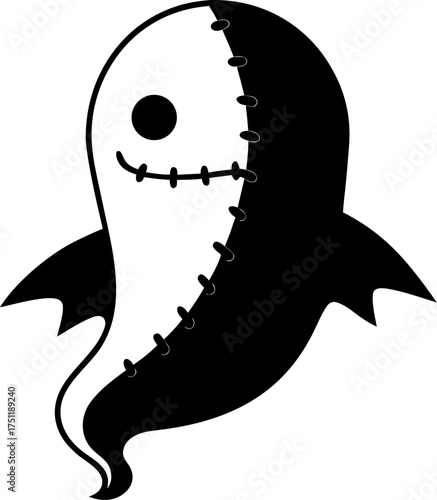  A ghost whose spine is crudely sewn shut with black thread. silhouette vector icon , white background 