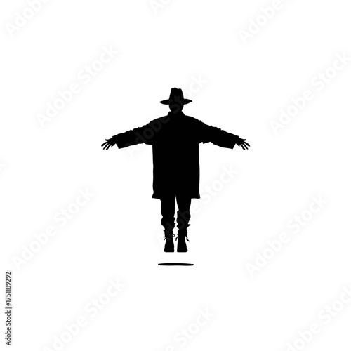 Silhouette of a person in coat and hat floating with arms outstretched over white background