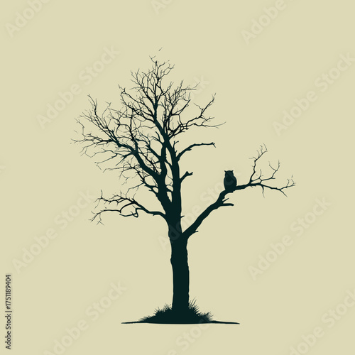Silhouette of bare tree with owl perched on branch isolated on beige background