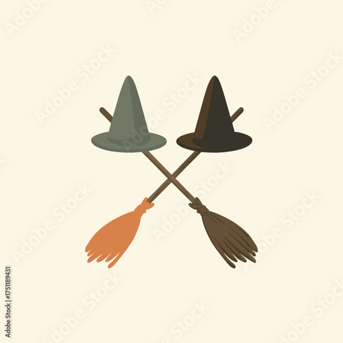 Two witch hats with crossed broomsticks illustration on beige background