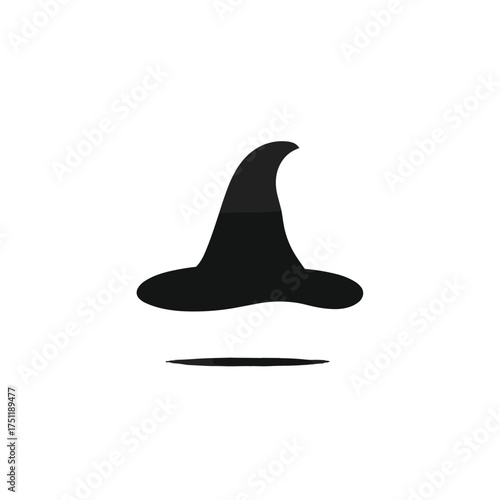 Stylized witch hat with wide brim silhouette isolated on white background