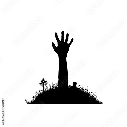 Rising zombie hand from the ground with graveyard silhouette