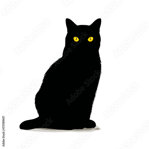 Black cat with glowing yellow eyes sitting on white background symbolizing mystery and superstition