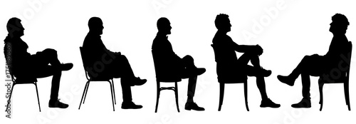 silhouette of a   back view of a group of men cross legged on white background