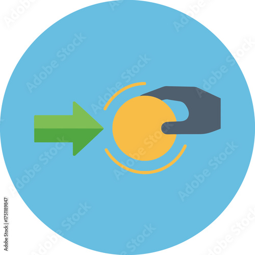 Hand putting coin into slot with arrow on blue circular background.