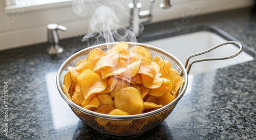 Thin crispy potato chips steaming in wire basket