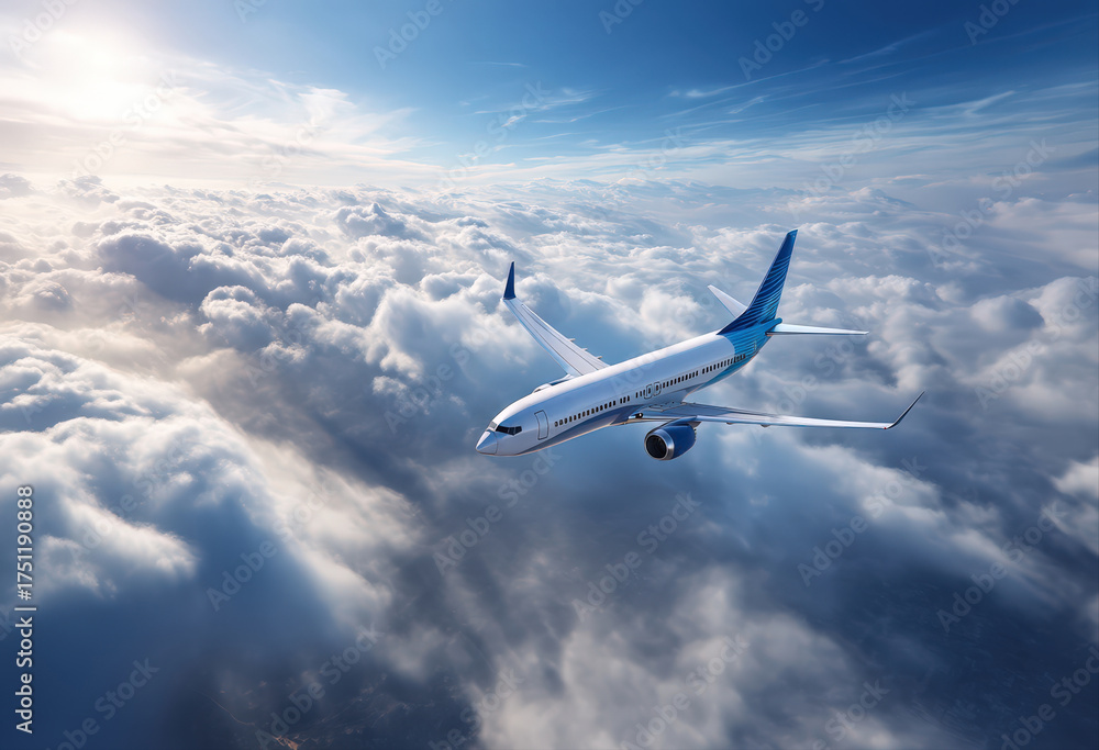 Fototapeta premium Soaring above the clouds, a modern airplane offers scenic travel possibilities across a breathtaking sky