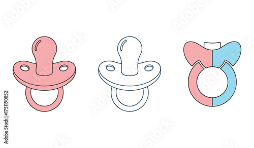 A set of three baby pacifiers in pink blue and outline styles soother dummy