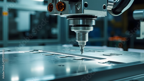 Ultra-realistic 8K close-up of an automated robotic drill system operating on a metal plate. Blurred background provides copyspace, with cool daylight tones enhancing realism — ideal for illustrating 