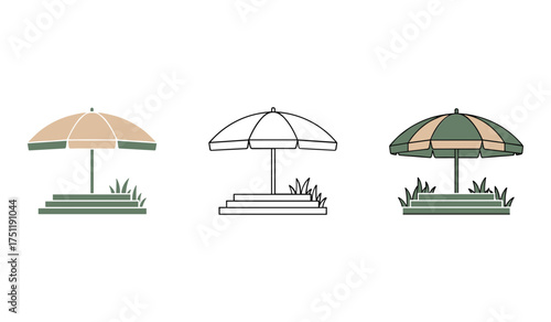 A set of three beach umbrella illustrations in different styles and colors parasol sunshade