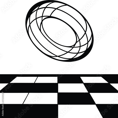 Wireframe torus spinning above reflective neon checkerboard