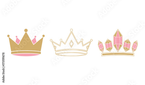 A set of three golden crowns with pink accents on a white background royal regal
