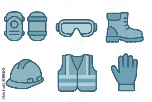 Set of essential personal protective equipment including hard hat safety vest boots and goggles