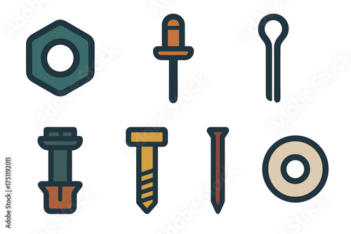 Set of six essential construction hardware components: nut, bolt, screw, nail, and washer