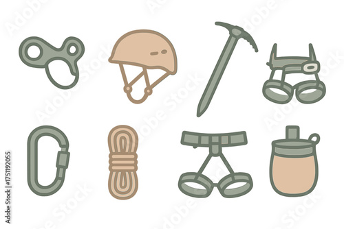 Collection of essential safety gear for mountaineering, rock climbing, and rappelling