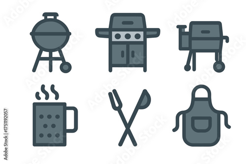 Set of barbecue and grilling equipment featuring various grills, tools, accessories, and utensils for outdoor cooking