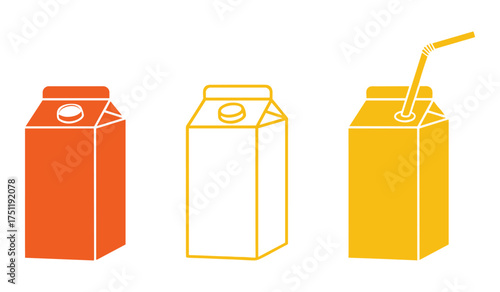 A set of three juice cartons one orange two yellow with a straw drink beverage