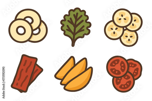 Set of fresh food icons featuring sliced bananas, tomatoes, leafy greens, potato wedges, and bacon