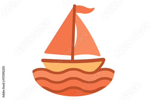 Minimalist graphic of a small sailboat navigating stylized ocean waves during sunset colors
