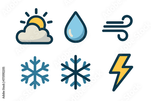 Colorful collection of weather forecast symbols: sun, cloud, rain, wind, snow, lightning