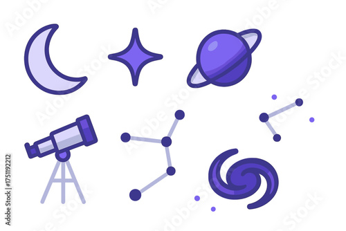 Astronomy symbols set featuring moon, planet, telescope, star, and constellations