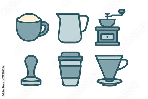 Essential coffee brewing equipment and accessories icons in modern flat style