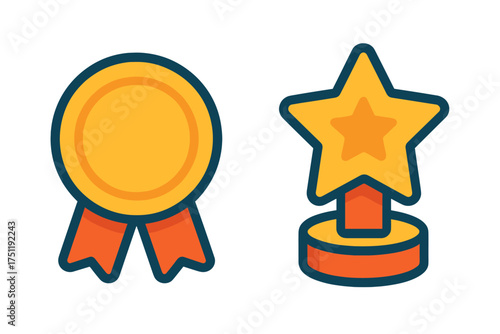 Golden award medal rosette with ribbon next to a star shaped trophy on a pedestal base