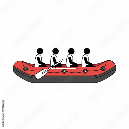 Four stick figures in a red raft with a paddle.