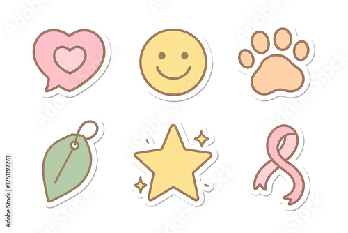 Pastel sticker collection with positive symbols: heart, smiley face, paw print, star, and ribbon