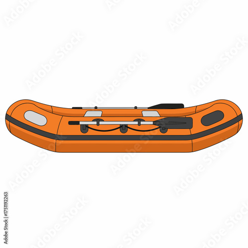 Orange inflatable raft with oars for water sports and recreation.