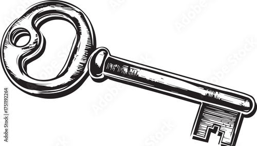 a key in the lock, simple line art style, white background, cartoon style, thick lines, black and white comic book, no shading