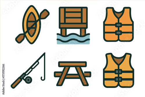 Essential equipment for outdoor recreation: kayak, dock, life jacket, fishing rod, picnic table