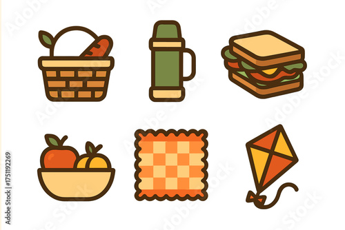 Set of essential items for a summer picnic including food, drink, blanket, and recreational kite