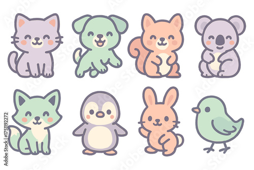 Pastel animal characters set including cat dog rabbit koala squirrel penguin and bird