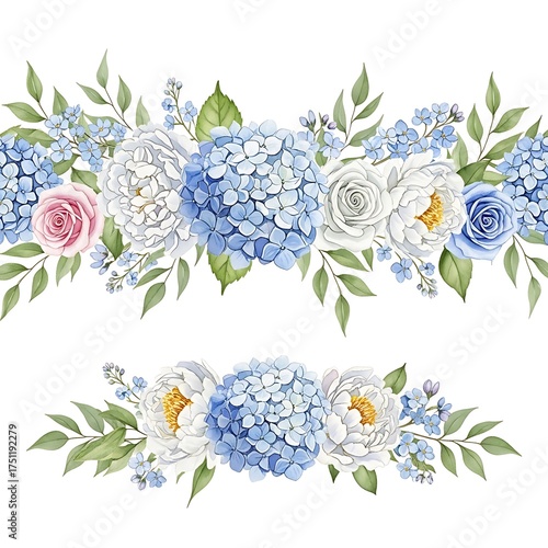 Watercolor Floral Border with Hydrangeas and Roses for Wedding Invitations.