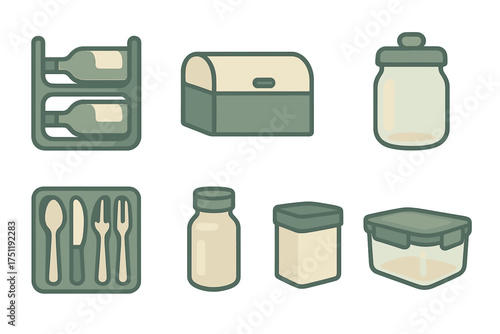 Set of kitchen and dining storage items like wine rack, jar, cutlery, and food containers