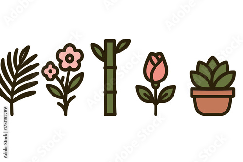 Stylized nature icons collection featuring tropical plants, flowers, and potted greenery
