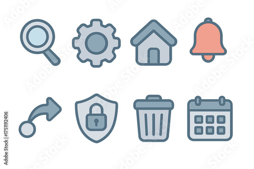 Essential user interface icons set for web and app design including search settings home and security
