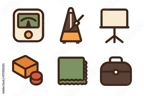 Stylized icons of musical instruments, office supplies, and everyday objects in vintage colors
