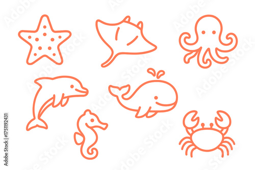 Outline style marine animals set featuring dolphin whale octopus and crab