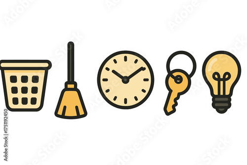 Collection of essential everyday object icons including trash can, broom, clock, key, and lightbulb