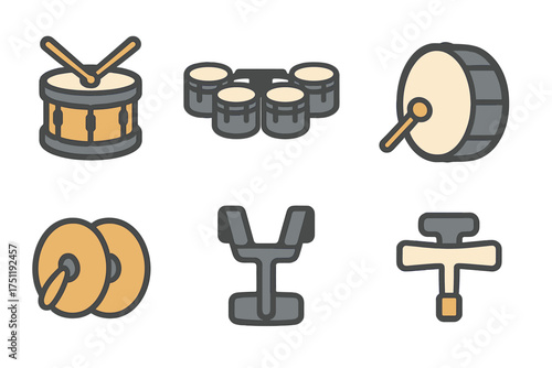Collection of percussion instrument icons including drums, cymbals, and marching band gear