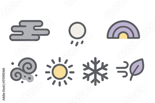 A set of six colorful weather and climate condition symbols including sun, cloud, rain, wind, snowflake, and rainbow