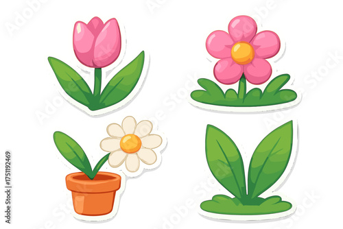 Brightly colored cartoon spring flowers and green plants sticker set isolated on white