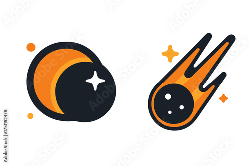 Stylized icons of a crescent moon or planet and a fiery comet traveling through outer space